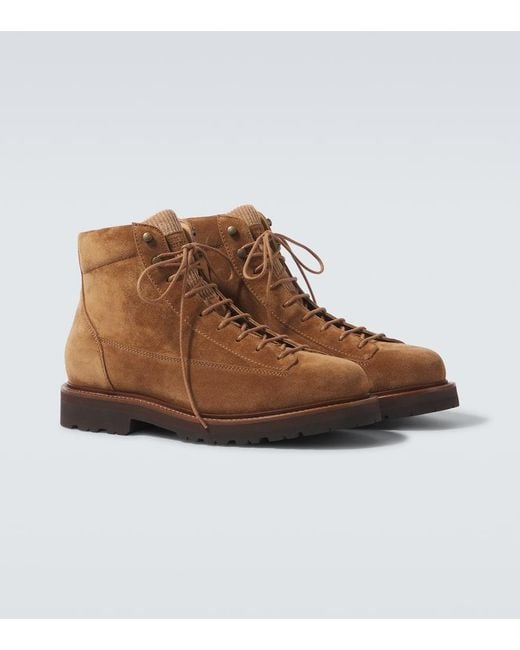 Brunello Cucinelli Brown Corduroy-Trimmed Leather Lace-Up Boots for men