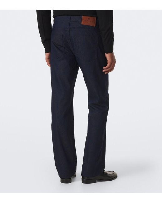 Etro Blue Jacquard Cotton-Blend Slim Pants for men