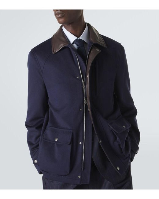 Brunello Cucinelli Blue Leather-Trimmed Wool Jacket for men