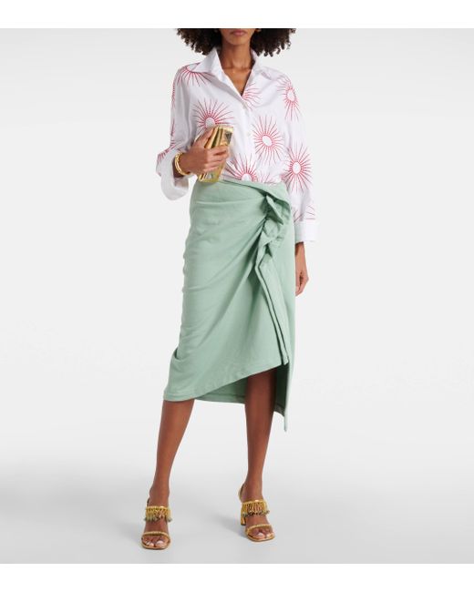 Dries Van Noten Green Gathered Cotton Midi Skirt