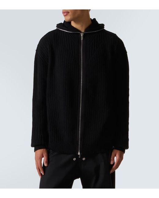 Rick Owens Black Ribbed-Knit Virgin Wool Zip-Up Sweater for men