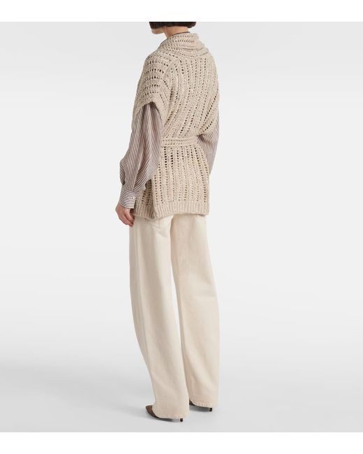 Brunello Cucinelli Natural Dazzling Silk And Linen-Blend Wrap Cardigan