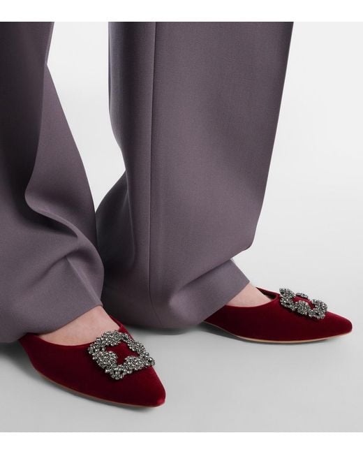 Manolo Blahnik Red Hangisi Embellished Velvet Ballet Flats