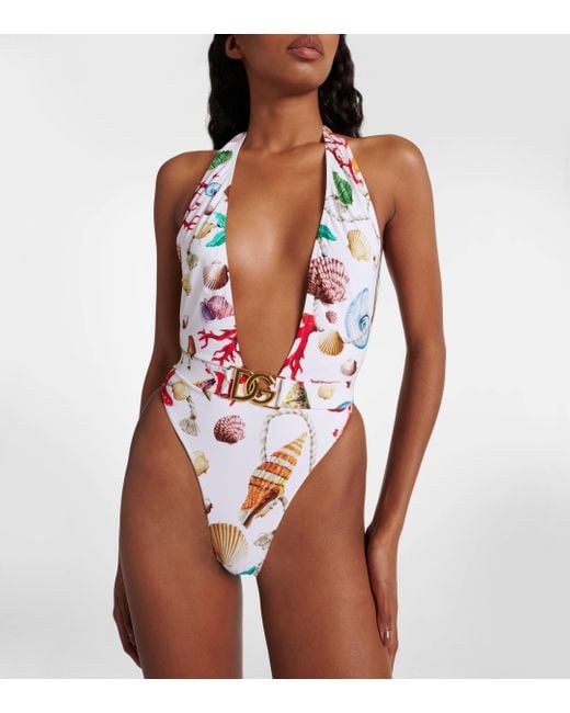 Dolce & Gabbana White Capri Printed Halterneck Swimsuit