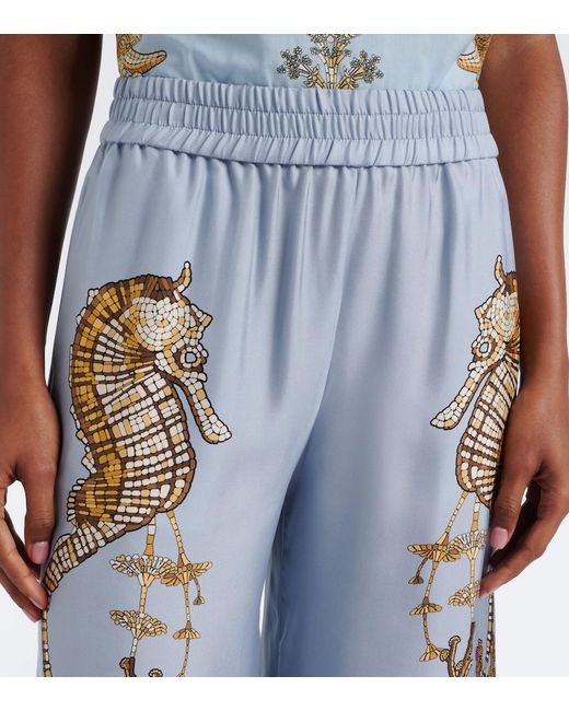 LaDoubleJ Blue Printed Silk Twill Palazzo Pants