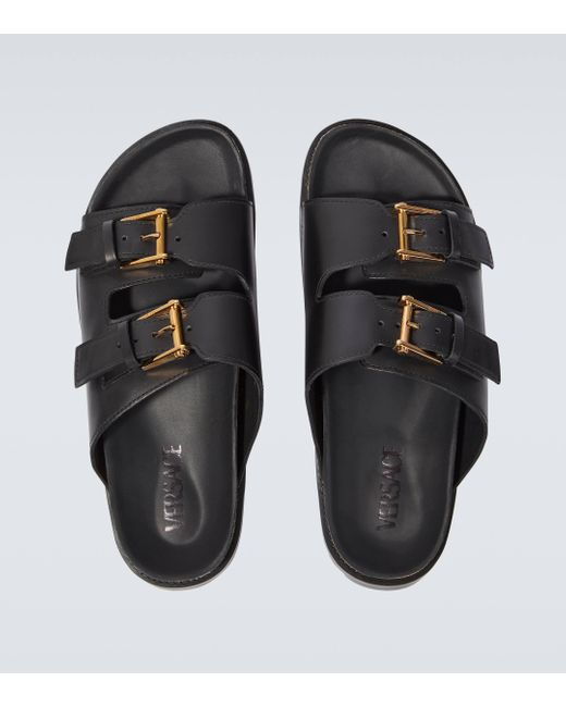 Versace Black Barocco Leather-trimmed Slides for men