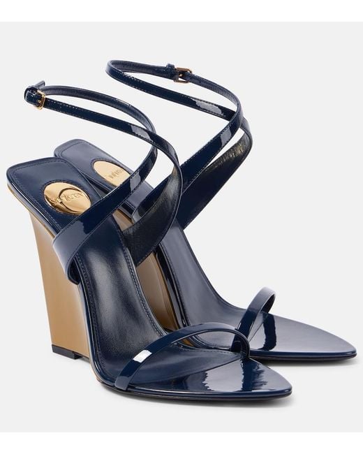 Saint Laurent Blue Salome 110 Patent Leather Wedge Sandals