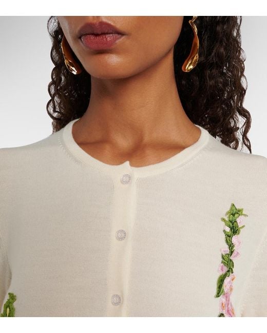 Oscar de la Renta White Foxgloves Embroidered Virgin Wool Cardigan