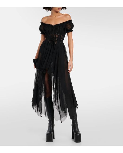 Vestido midi de malla drapeado Norma Kamali de color Black