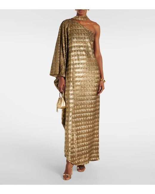 ‎Taller Marmo Natural Gilded Ubud Scarf-Detail Sequined Gown