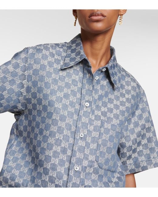 Blue GG-jacquard short-sleeved linen-denim shirt, Gucci