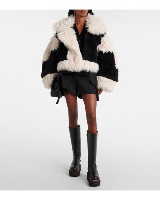 Sacai Black Oversized Faux Fur-Trimmed Wool Jacket