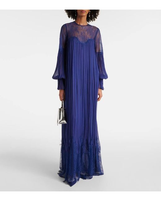 Costarellos Blue Renia Chantilly Lace Gown