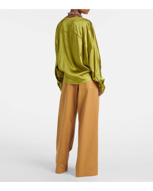 Dries Van Noten Green Draped Silk-Blend Satin Blouse