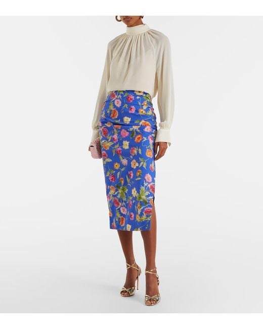 Carolina Herrera Blue Floral Ruched Cotton-Blend Midi Skirt