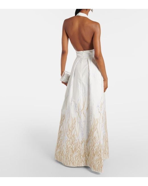 Elie Saab White Embroidered Halterneck Cotton-Blend Gown