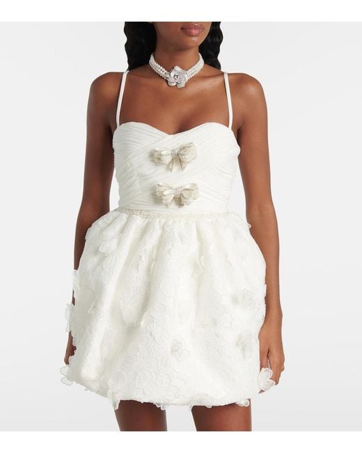 Self-Portrait White Bridal Pleated Organza And Lace Minidress