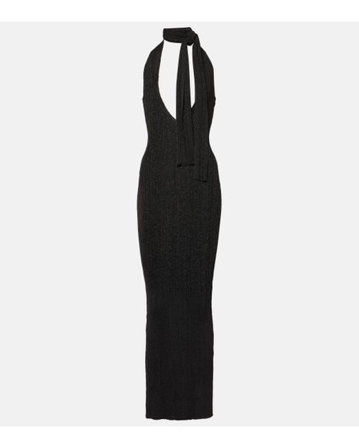 AYA MUSE Black Scarf-detail Metallic Knit Maxi Dress