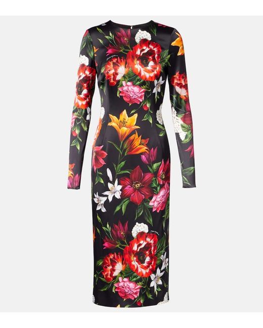 Abito Midi Con Stampa Floreale di Dolce & Gabbana in Red