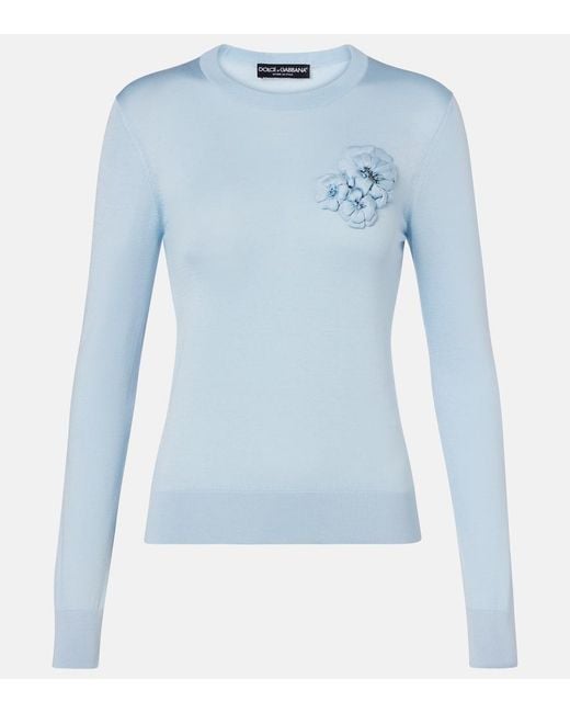 Dolce & Gabbana Blue Silk Pullover With Flower Brooch