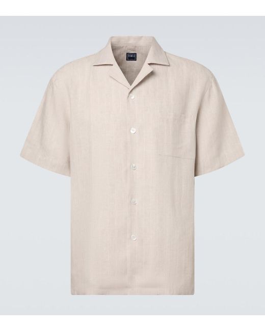Fedeli Natural Striped Linen Bowling Shirt for men