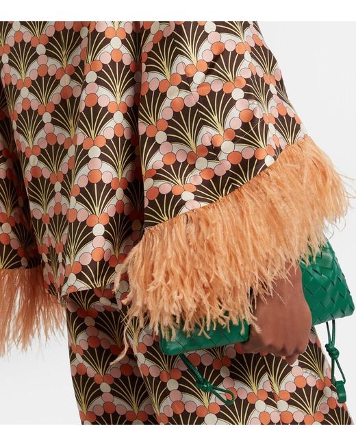 LaDoubleJ Brown Make An Exit Feather-Trimmed Silk Twill Top