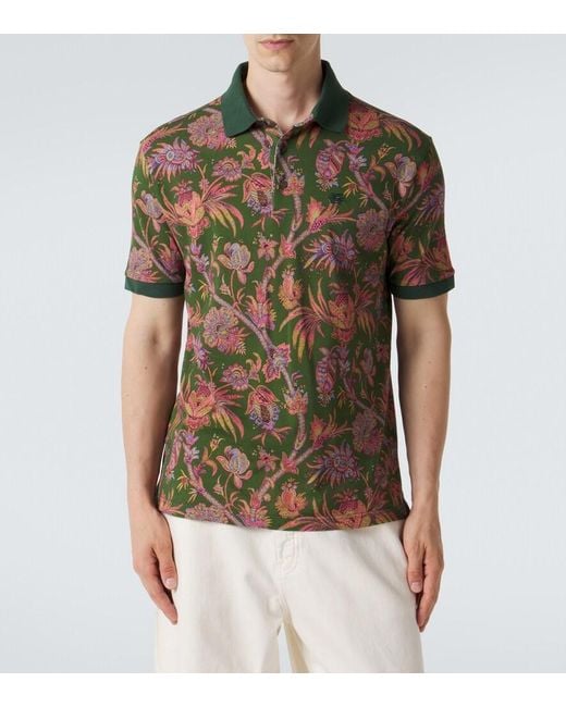 Etro Green Floral Cotton Pique Polo Shirt for men