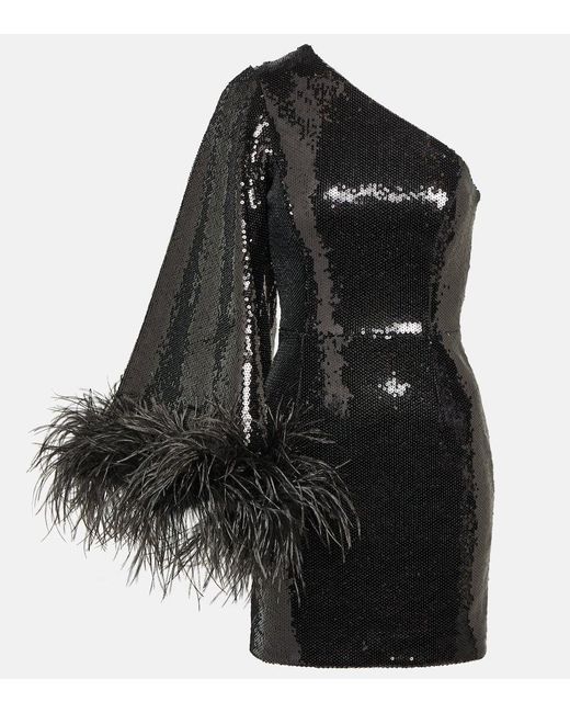 Miniabito monospalla con paillette e piume di Rebecca Vallance in Black