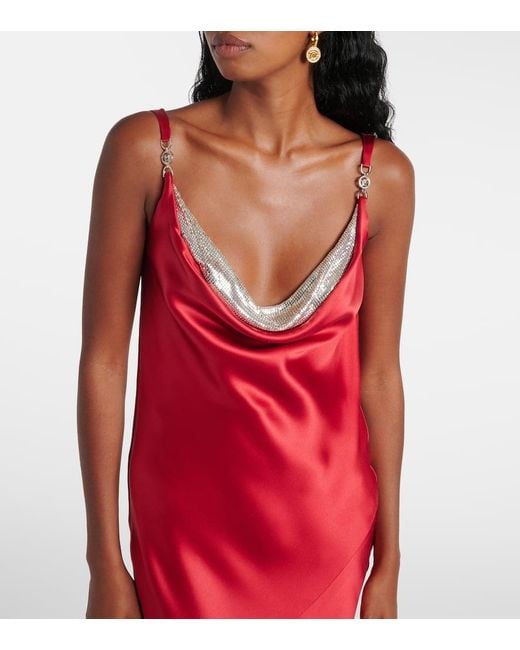 Versace Red Robe Aus Seidensatin Mit Pailletten Und Raffungen