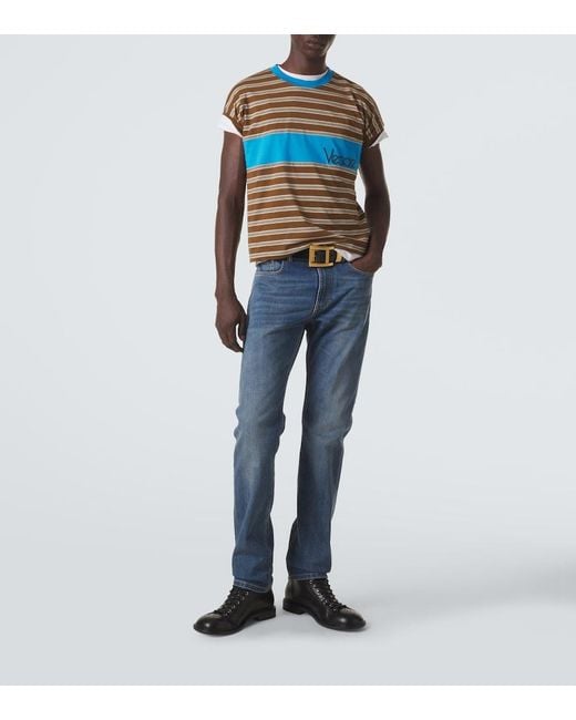 Versace Blue Logo Striped Cotton T-Shirt for men