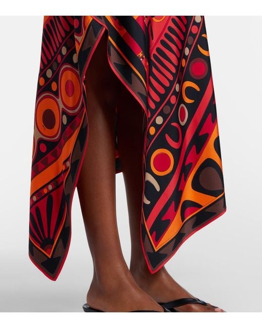 Emilio Pucci Red Soleil Asymmetric Silk Twill Midi Skirt