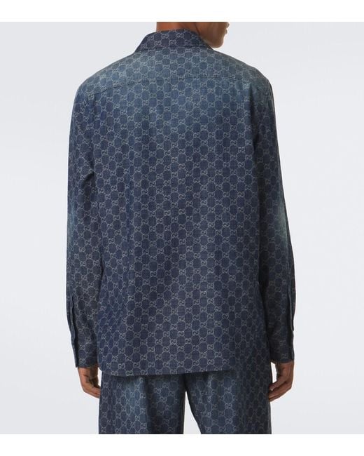 Gucci Blue Gg Cotton Chambray Jacquard Shirt for men