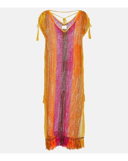 Anna Kosturova Orange Striped Crochet Midi Dress