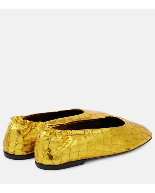 Dries Van Noten Yellow Metallic Croc-Effect Leather Ballet Flats