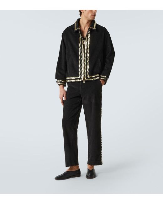 Bode Black Sequined Cotton Corduroy Straight Pants for men