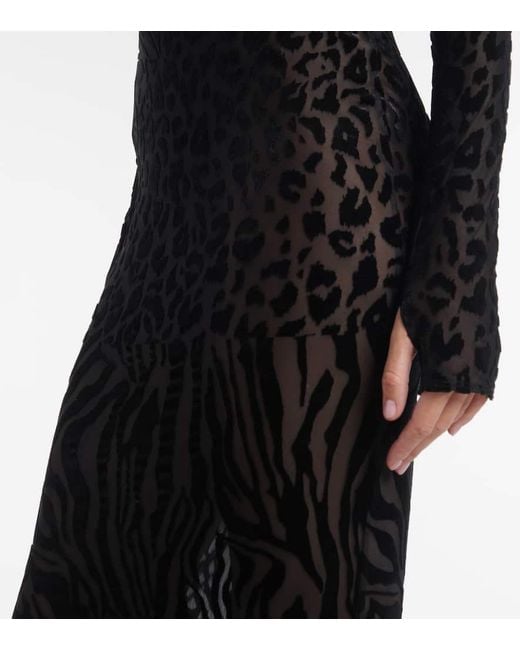 Alex Perry Black Sheer Animal-Print Devore Maxi Dress