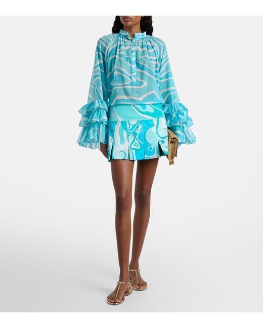 Emilio Pucci Blue Marmo Ruffled Cotton Blouse