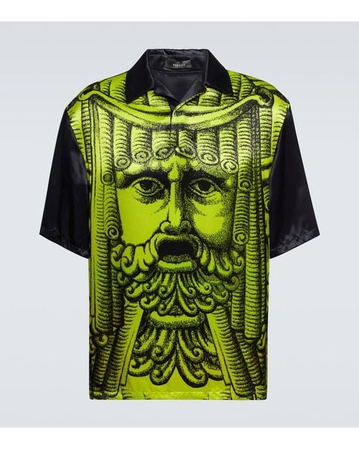 Versace Green Printed Satin Bowling Shirt for men