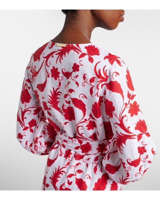 Heidi Klein Red Evia Floral Ruffled Linen Wrap Dress