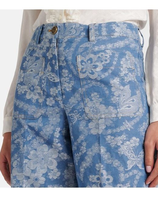 Etro Blue Printed Cotton And Linen Wide-Leg Pants