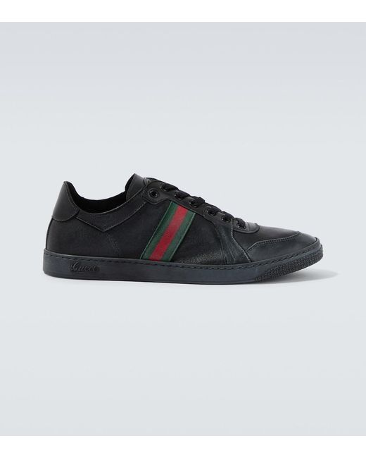 Gucci Black Stretch Web Stripe Leather Sneakers for men