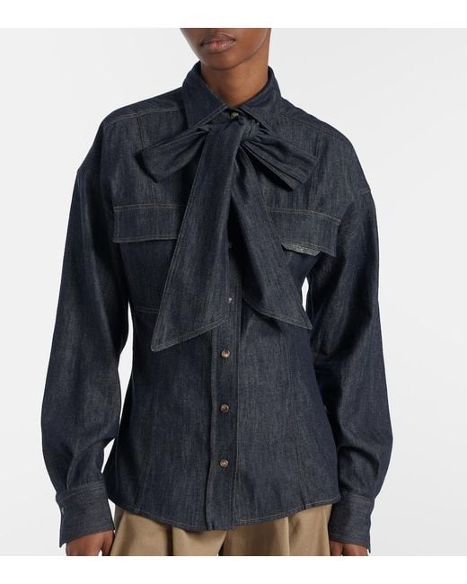 Brunello Cucinelli Blue Bow-Tie Cotton Blouse