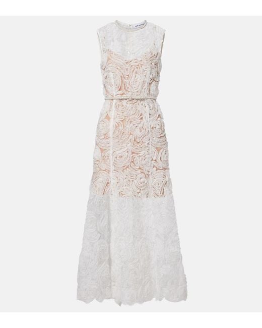 Self-Portrait White Embellished Lace-Trimmed Tulle Midi Dress