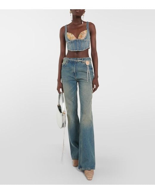 Alessandra Rich Blue Floral Cropped Denim Bustier Top