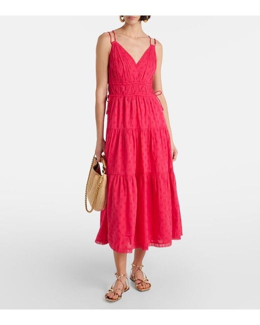 Ulla Johnson Red Freya Polka-Dot Cotton Dobby Midi Dress