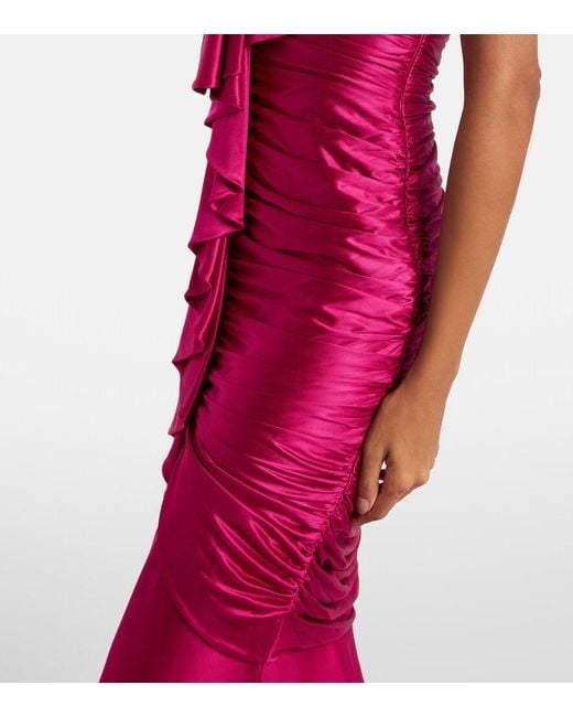 Balmain Red Draped Ruffled Satin Bustier Gown