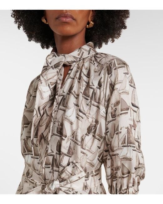 Max Mara White Printed Tie-Neck Silk Twill Midi Dress