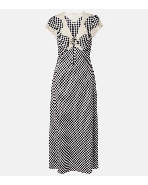 Rixo Gray Amari Lace-Trimmed Checked Midi Dress