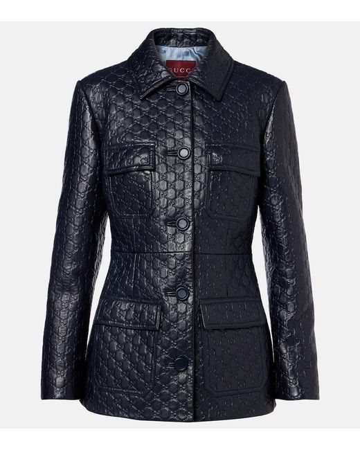 Gucci Blue Gg Embossed Leather Jacket