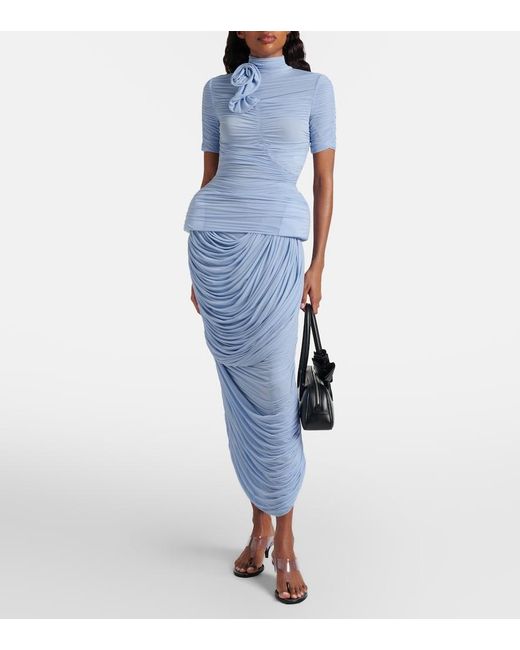 Magda Butrym Blue Floral-Applique Ruched Top